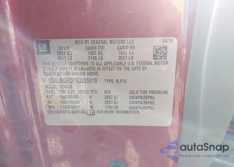 2010 Chevrolet Traverse Lt z USA, uszkodzony, nr VIN 1GNLRGED7AJ226918